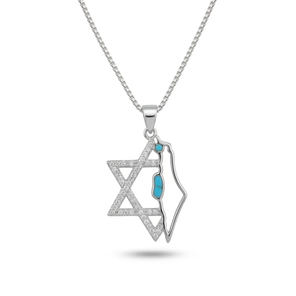שרשרת כסף מגן דוד משובץ בשילוב מפת ארץ ישראל