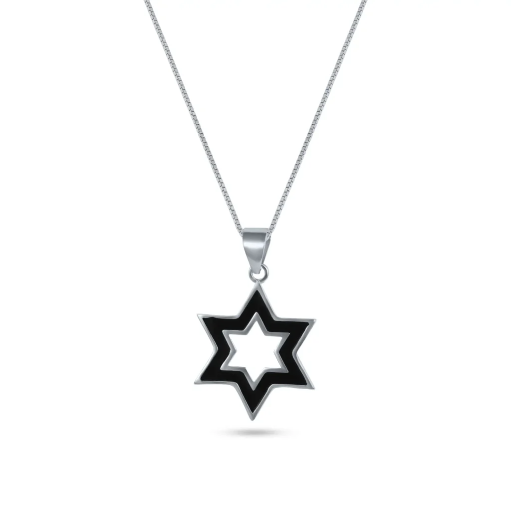 שרשרת כסף 925  תליון מגן דוד עם קווי מתאר שחורים